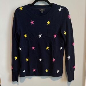 J. Crew Navy Cashmere Sweater with Colorful Star Accents